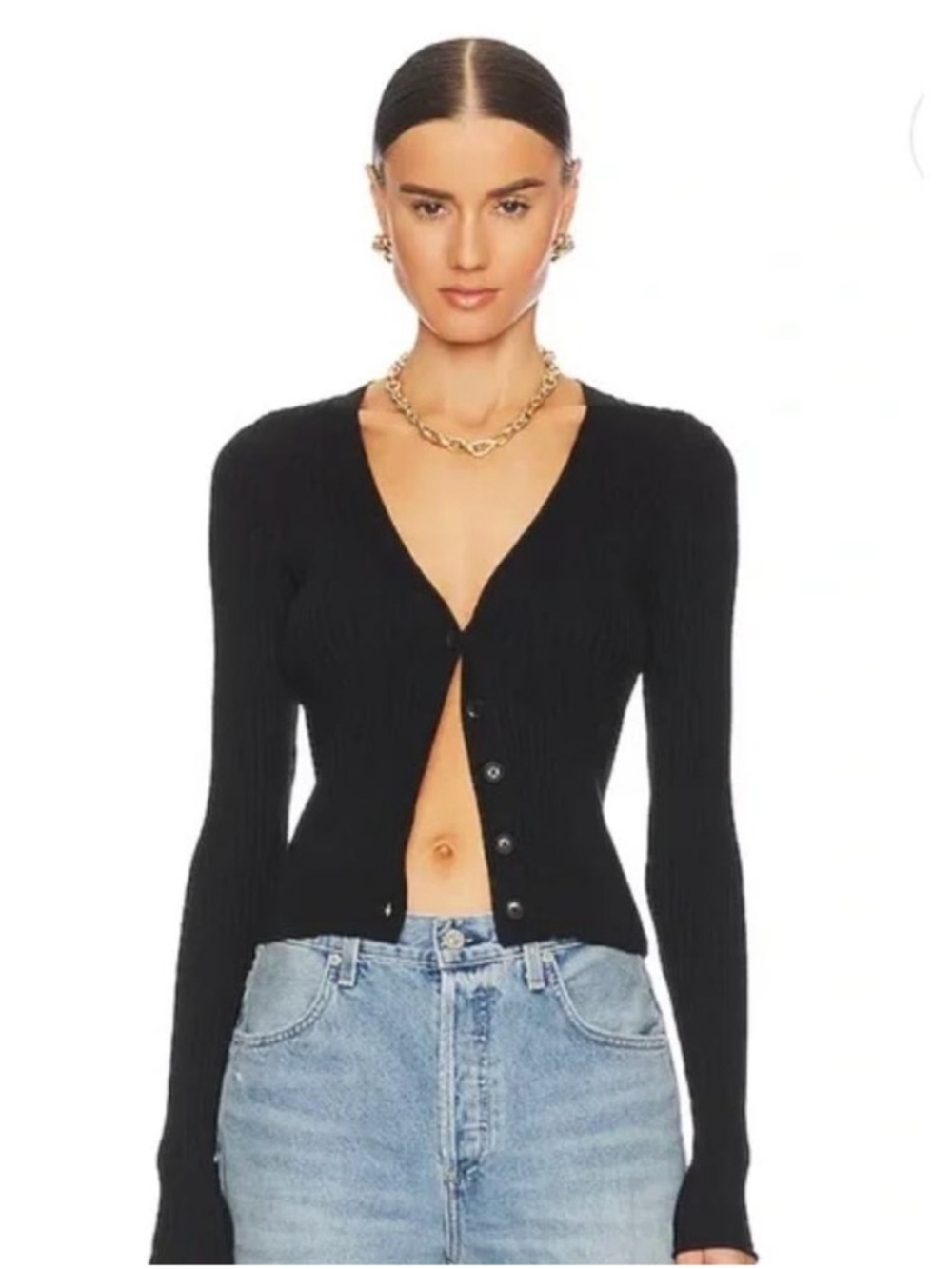 Good American Ribbed Black Button Up Long Sleeve Top